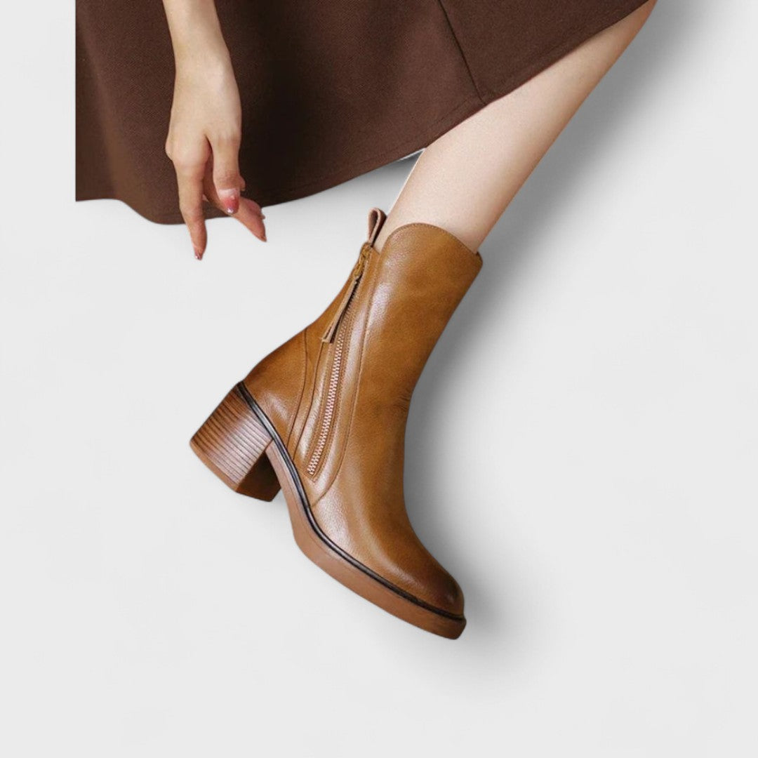 Classic Leather Ankle Boots with Side Zipper and Block Heel