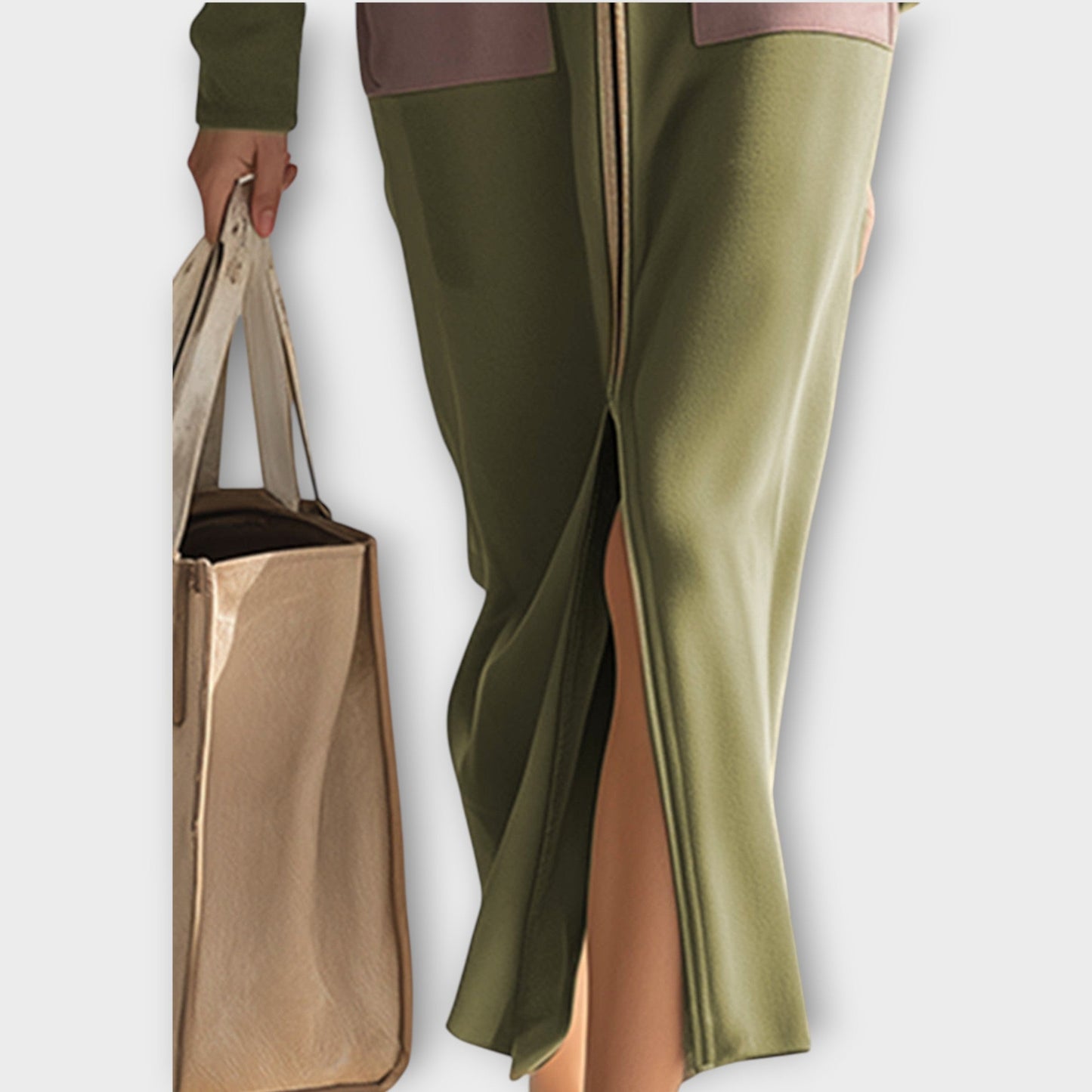 Zip-Up Maxi Dress with Contrast Pockets