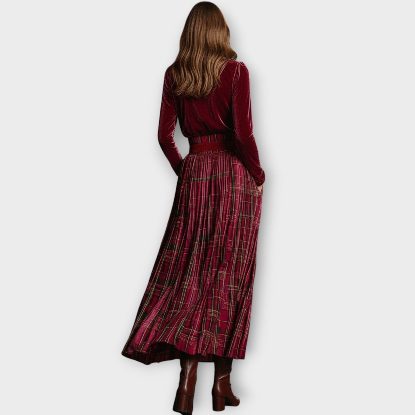 Velvet Turtleneck & Plaid Maxi Skirt Holiday Set