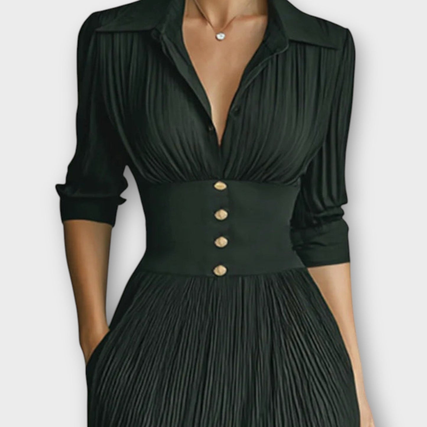 Elegant Pleated Lapel Waisted Long-sleeved Maxi Dress