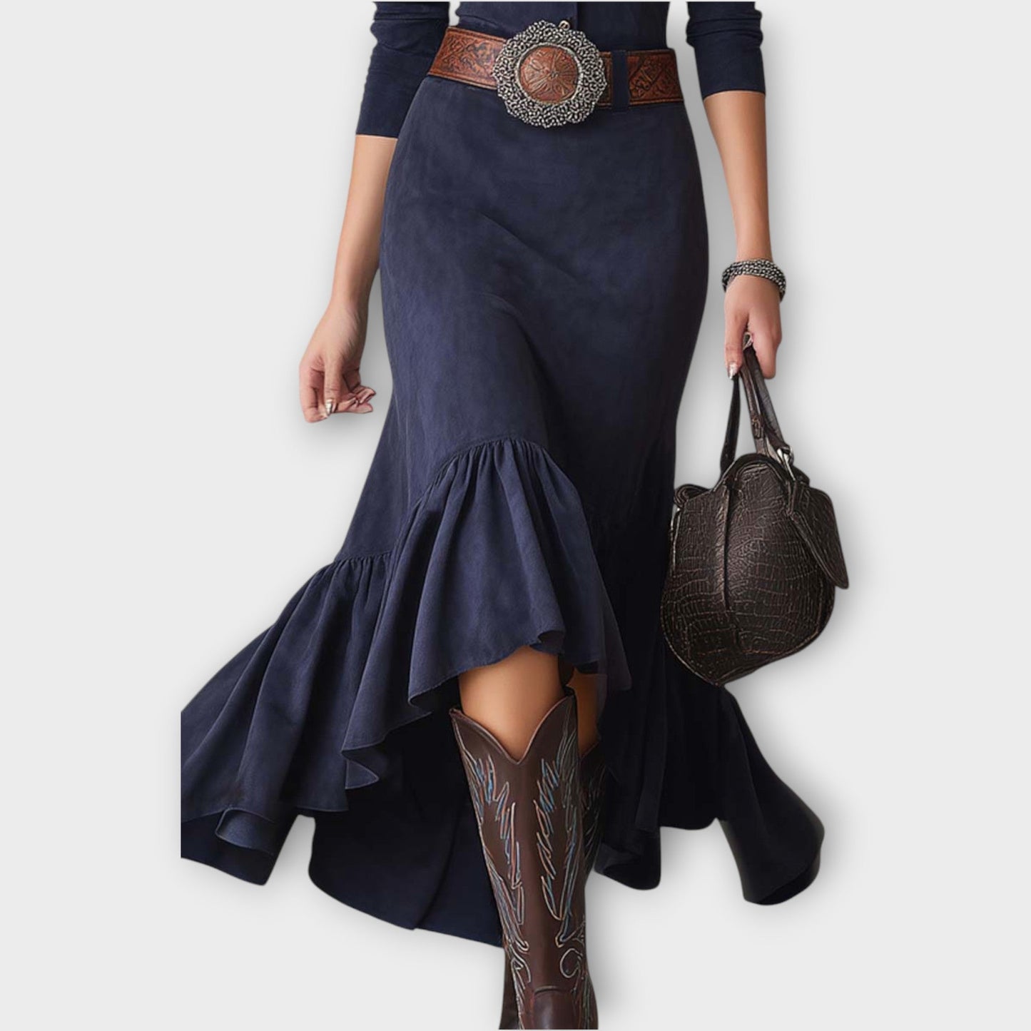 Western Ruffle-Hem Button Midi Dress