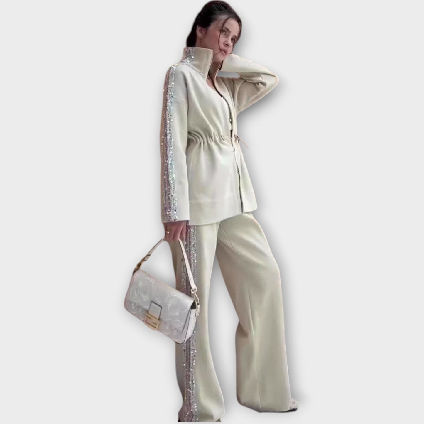 Elegant Sequin-Trim Tailored Set