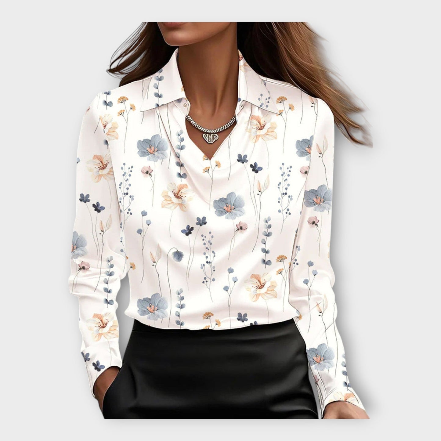 Satin Blouse with Draped Neckline and Collar