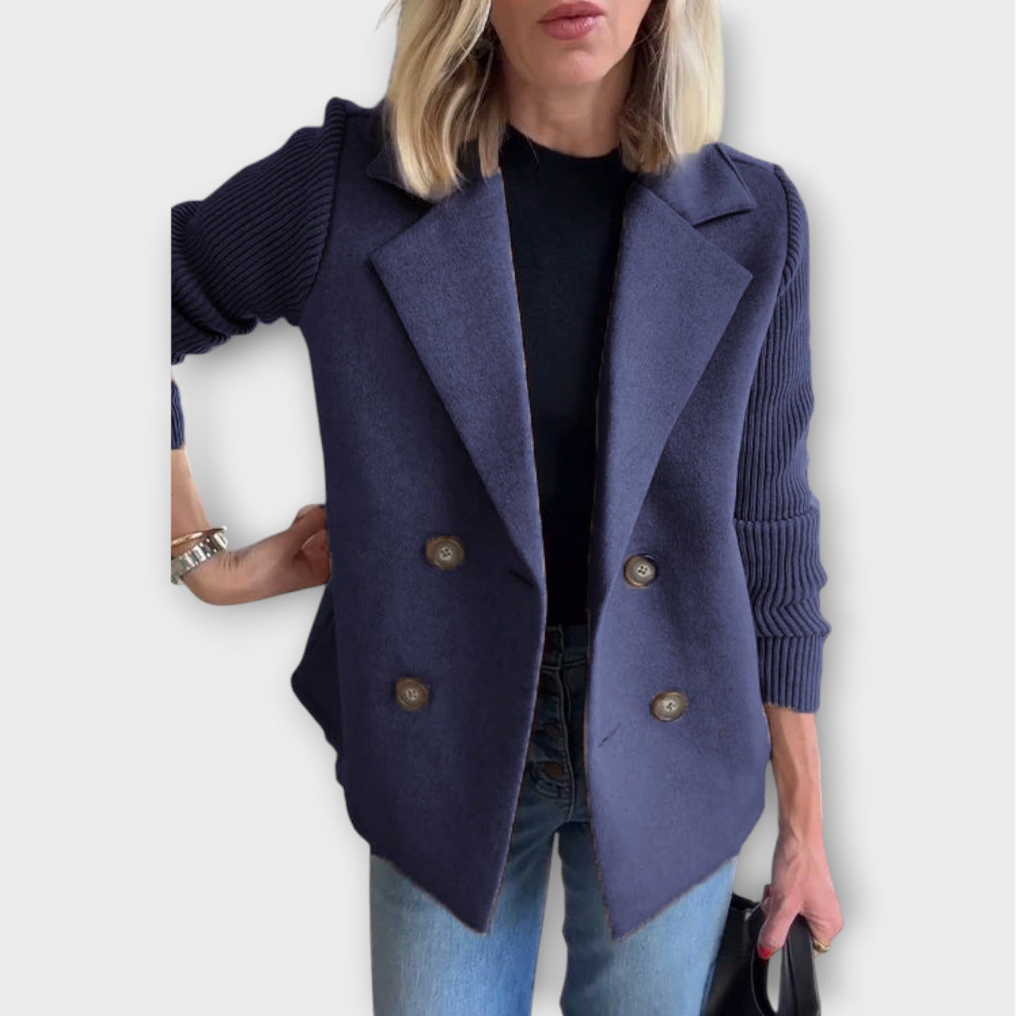 Double-Breasted Knit-Sleeve Blazer