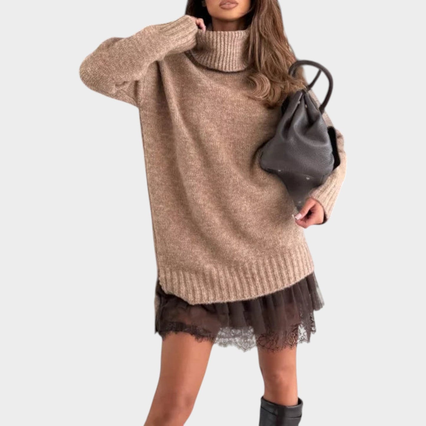 Oversized Knit Sweater Dress with Lace Hem