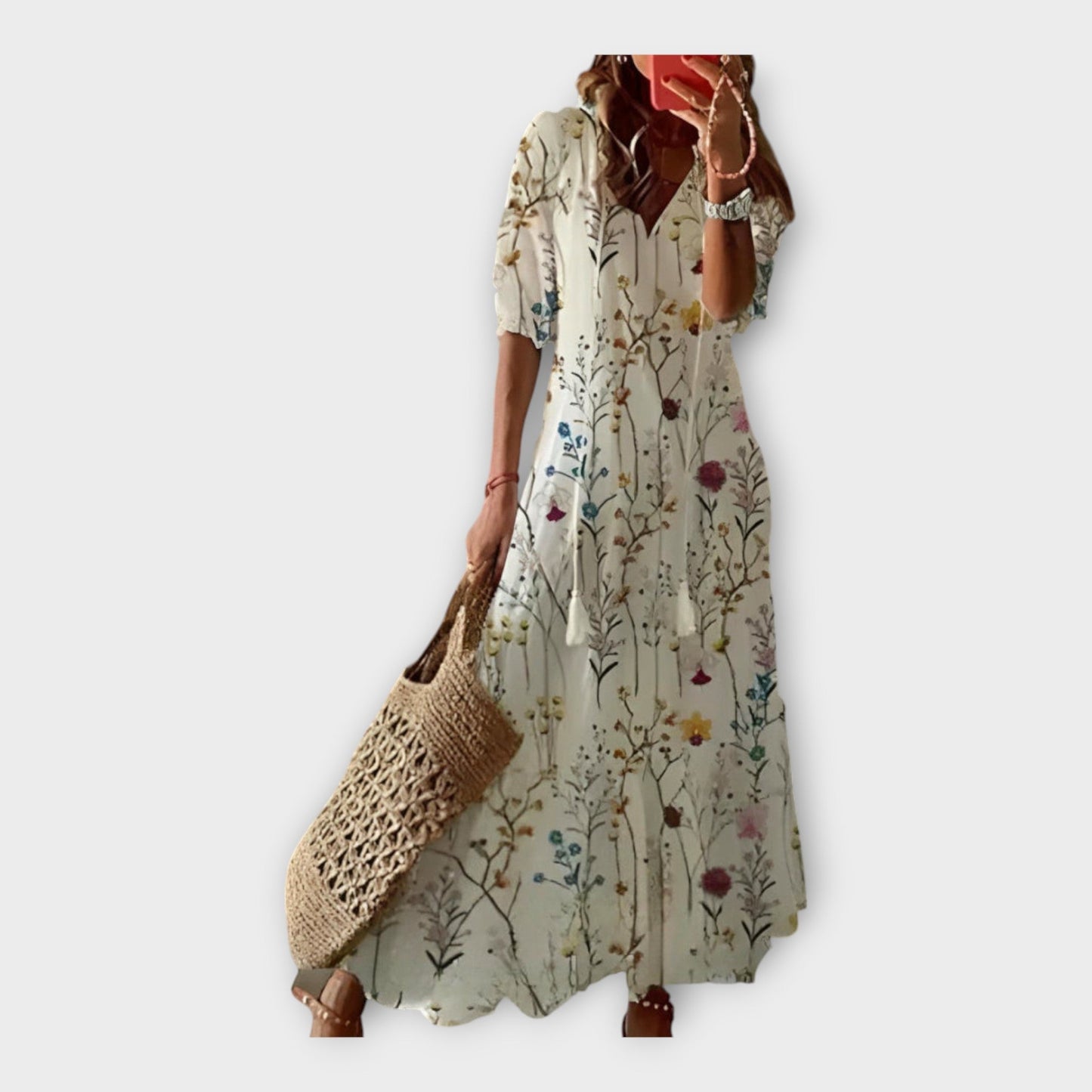 Vintage Dress with Embroidery and V Neckline