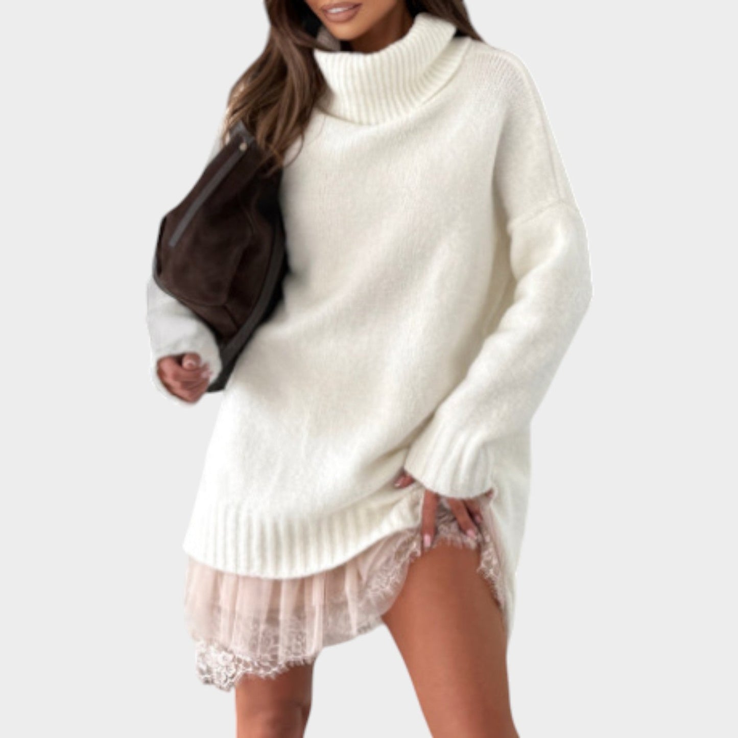 Oversized Knit Sweater Dress with Lace Hem
