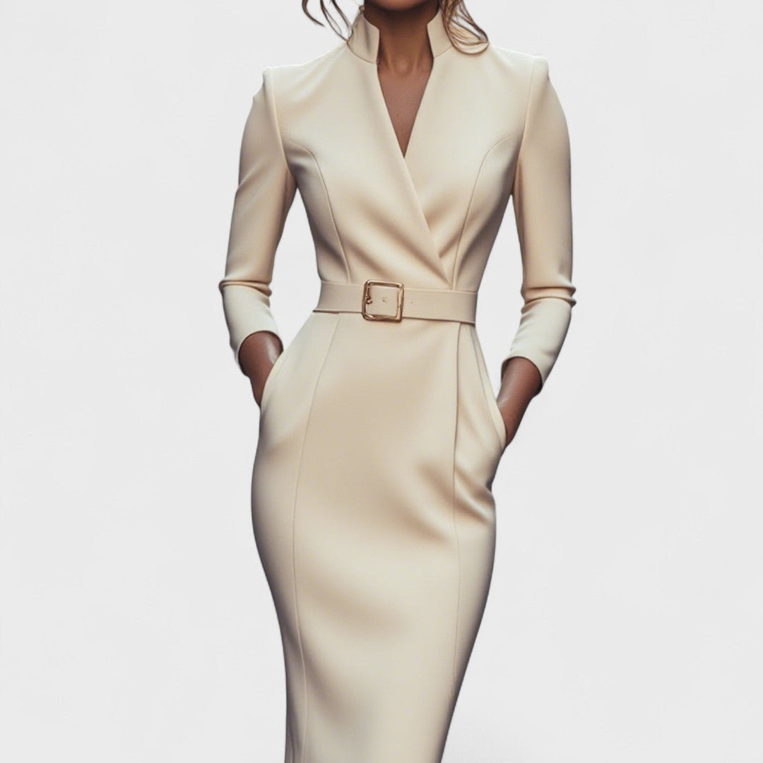 Refined black dress with belt and mandarin collar