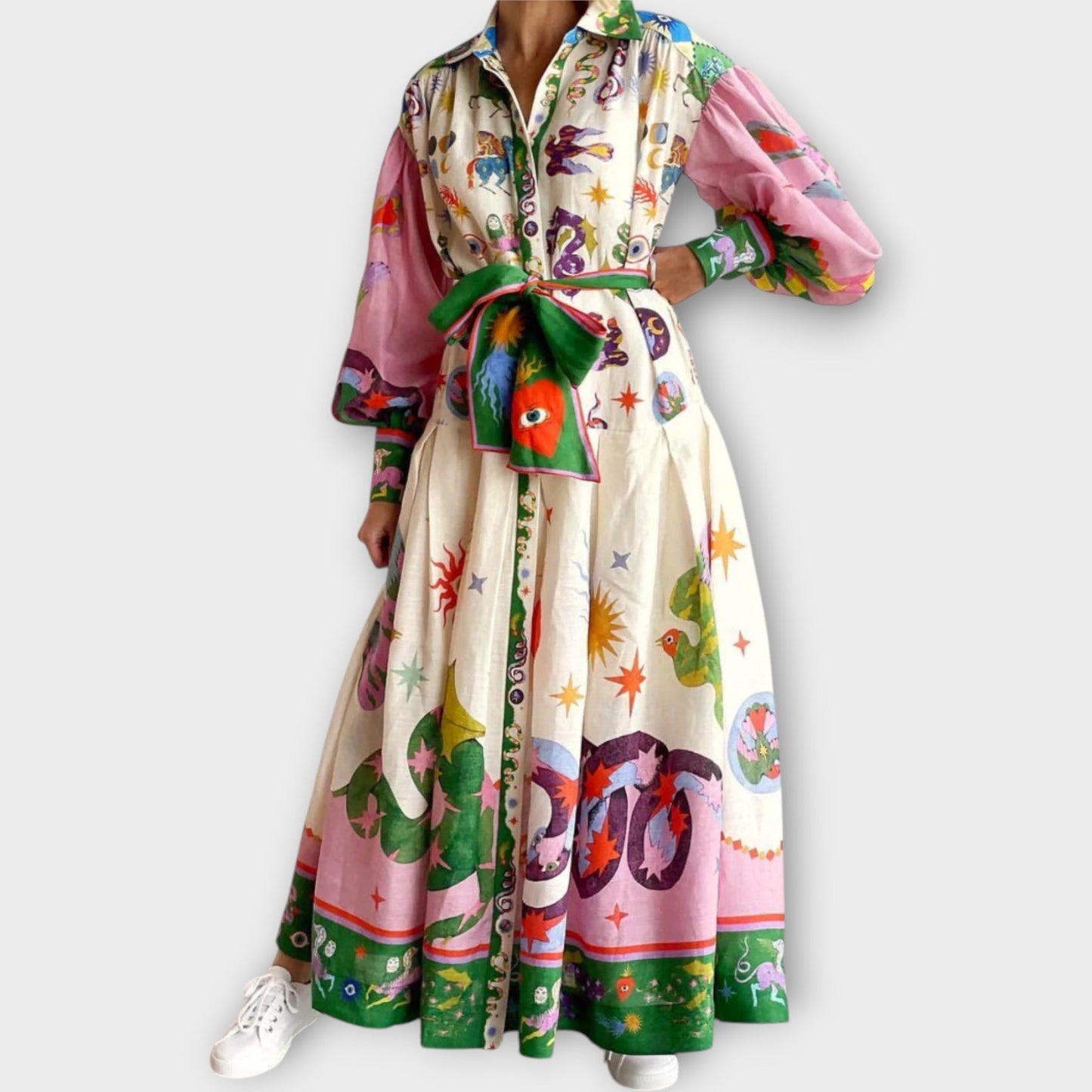Maxi Dress with Belt & Puff Sleeves