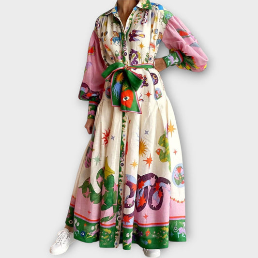 Maxi Dress with Belt & Puff Sleeves