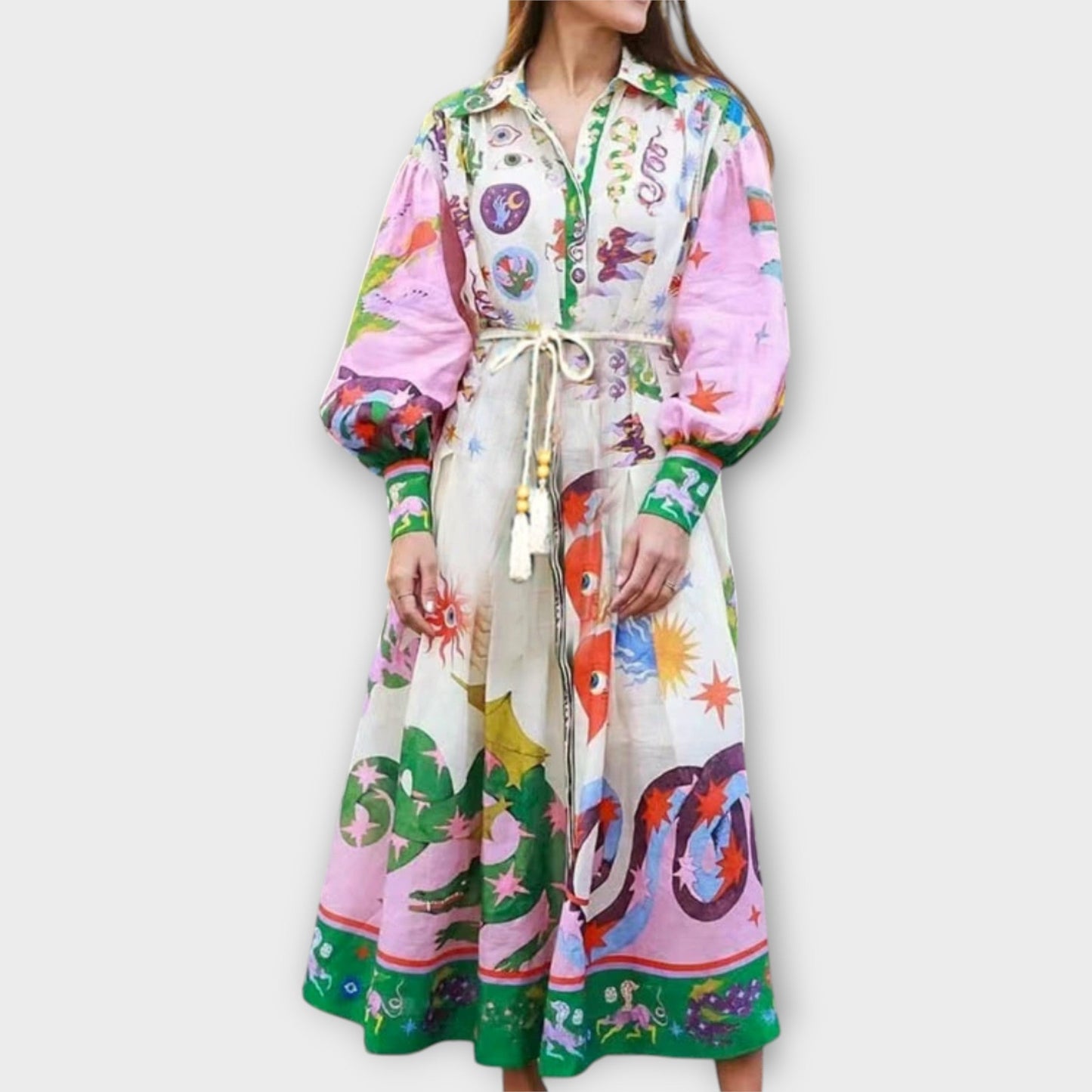 Maxi Dress with Belt & Puff Sleeves