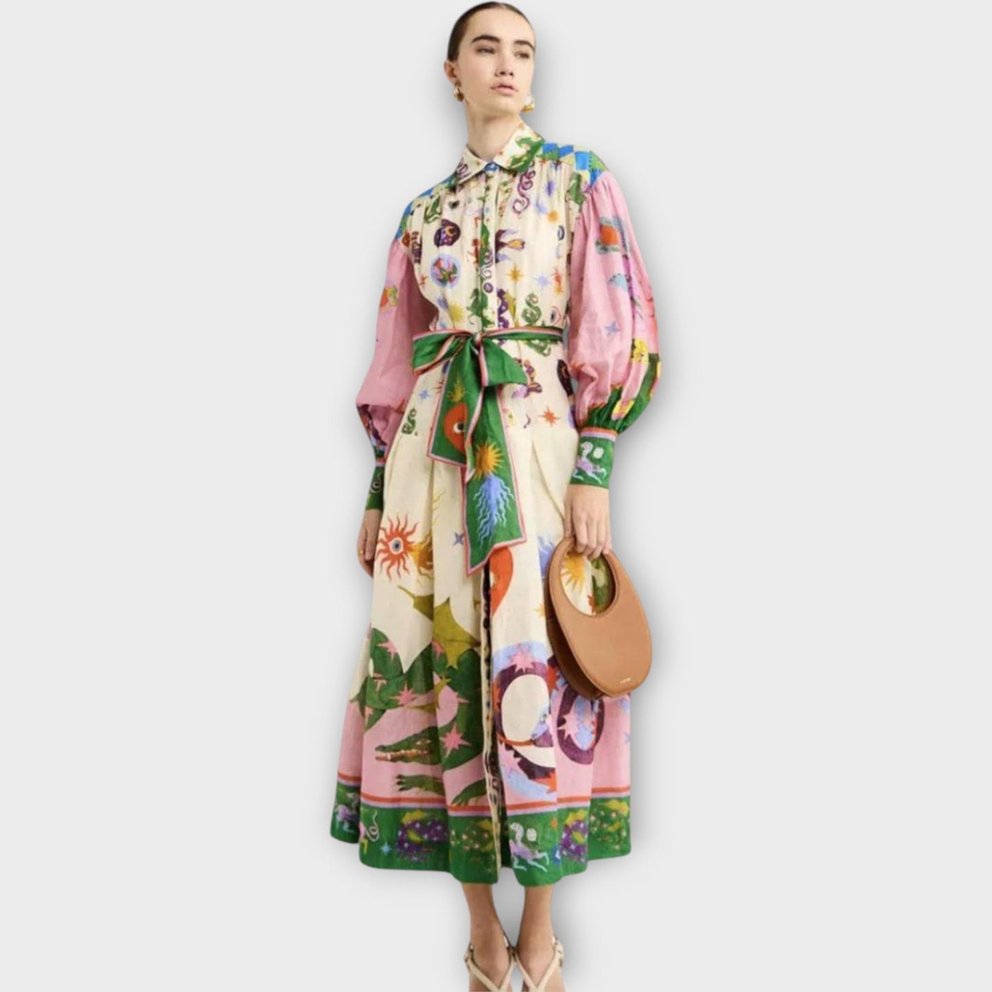 Maxi Dress with Belt & Puff Sleeves