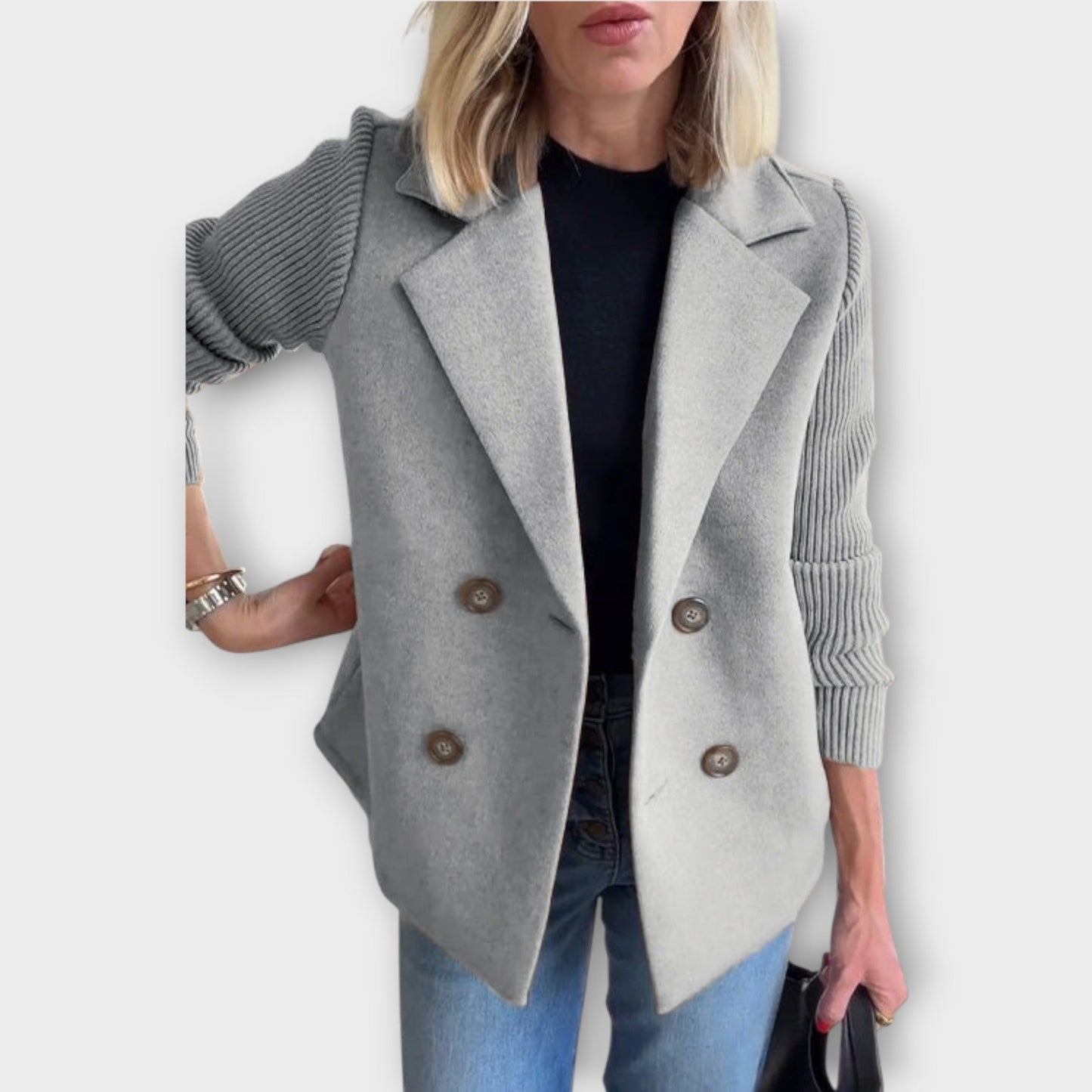 Double-Breasted Knit-Sleeve Blazer