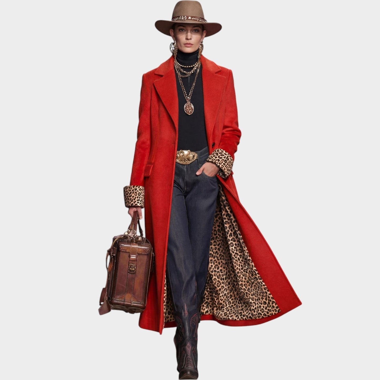 Red Statement Leopard-Lined Coat