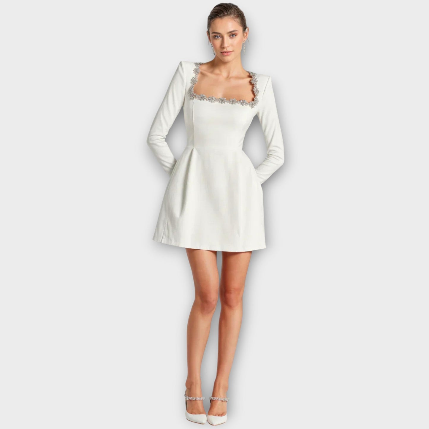 Crystal-Embellished Square Neck Mini Dress