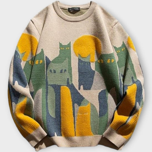 Playful Abstract Cat Knit Sweater