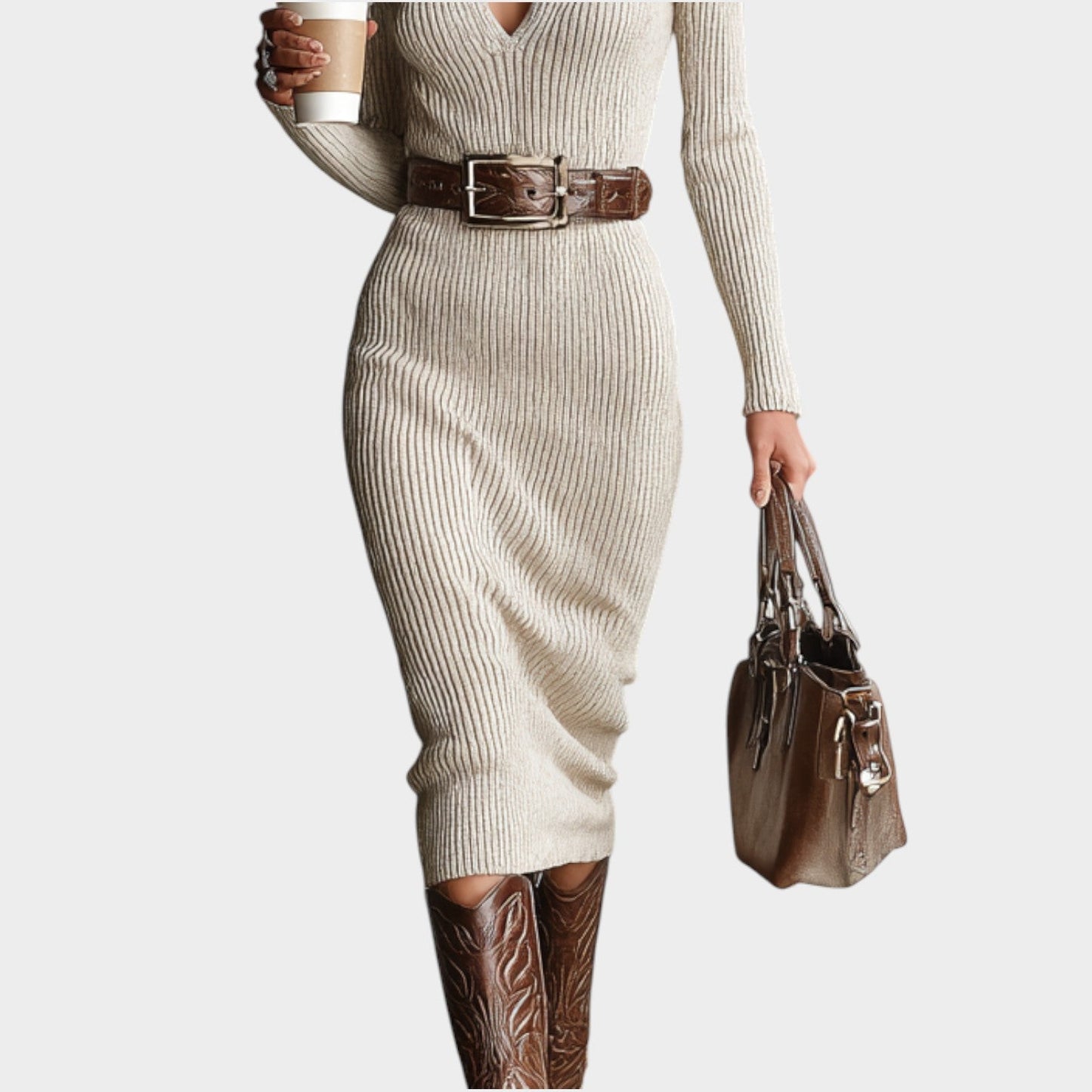 Ribbed Zip-Neck Midi Dress