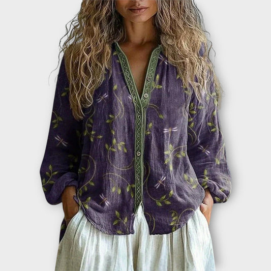 Relaxed Button-Front Blouse with Artistic Detailing