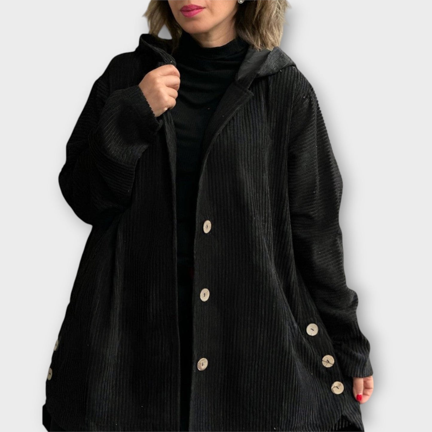 Corduroy Button-Front Hooded Jacket