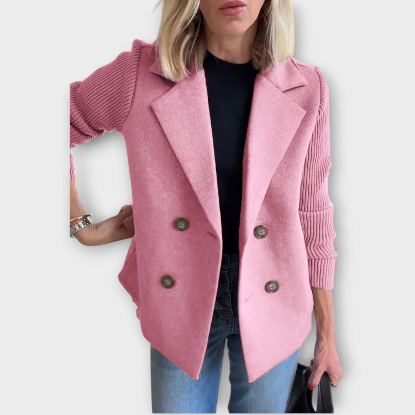 Double-Breasted Knit-Sleeve Blazer