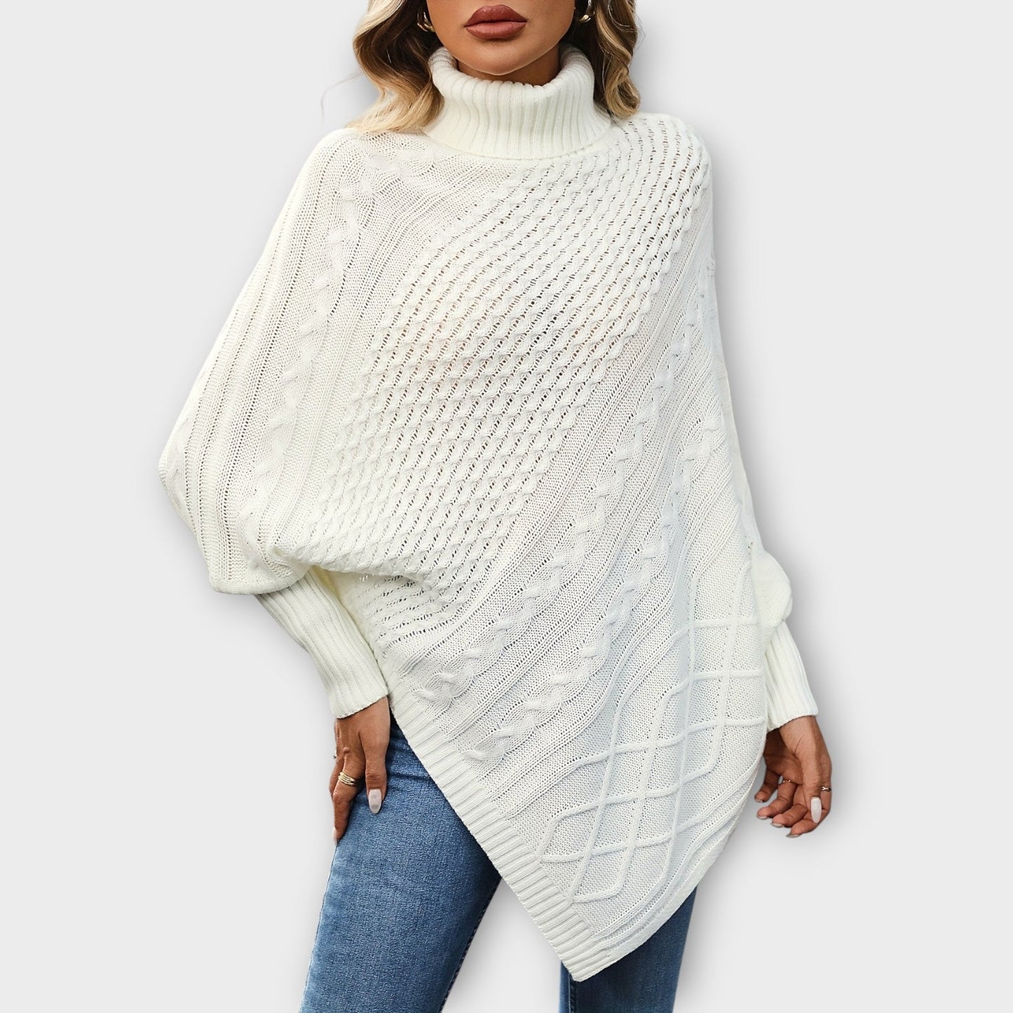 Elegant Cable-Knit Turtleneck Poncho
