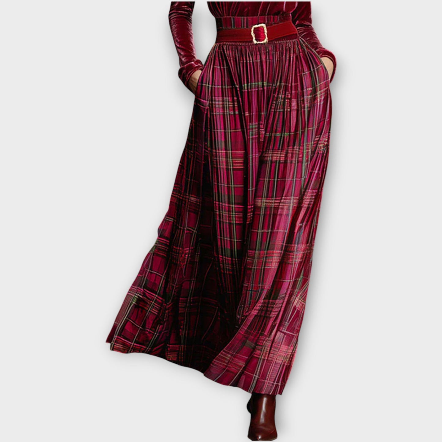 Velvet Turtleneck & Plaid Maxi Skirt Holiday Set