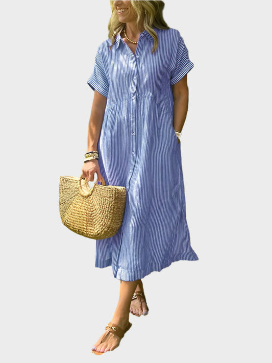 Striped Shirt Dress with Flaps, Buttons and Functional Pockets
