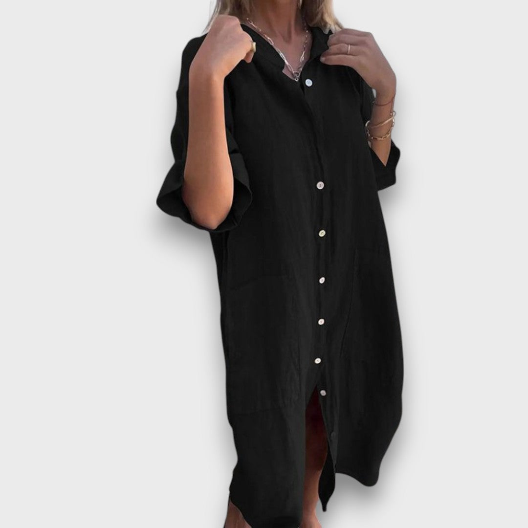 Linen Shirt Dress with Buttons and Pockets