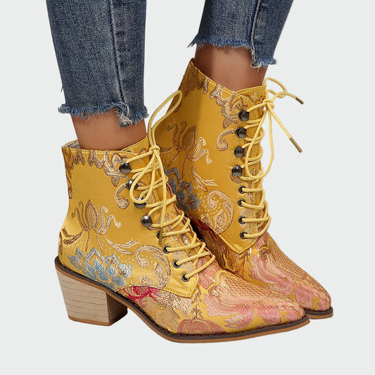 Leather Ankle Boots with Flowers