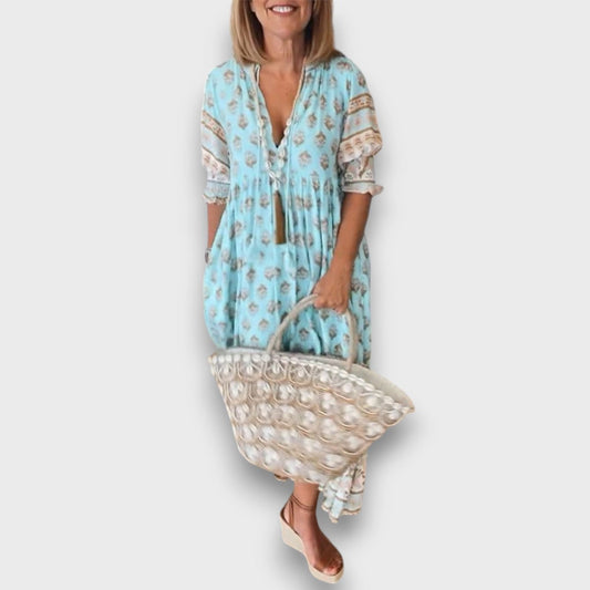 Airy Boho Dress with 3/4 Sleeves and Laced V-Neck