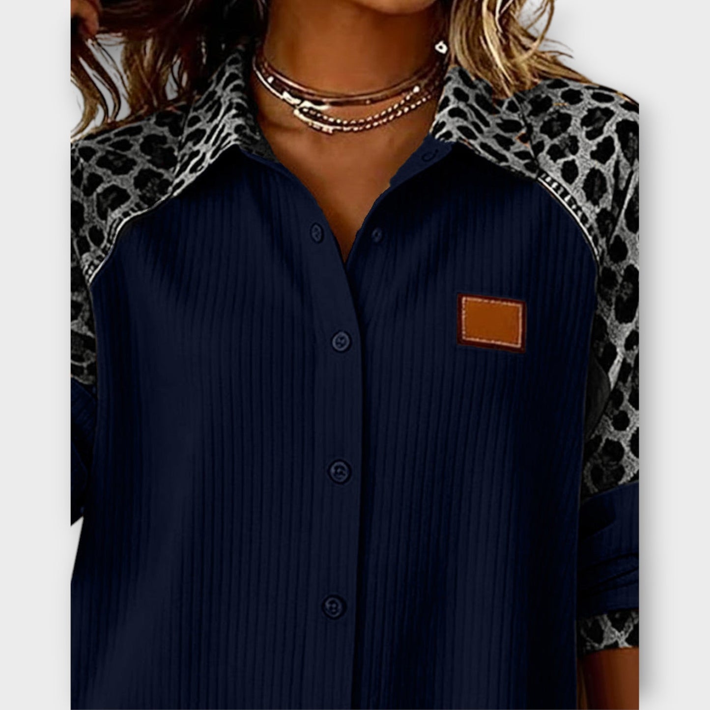 Leopard Patchwork Button-Down Top