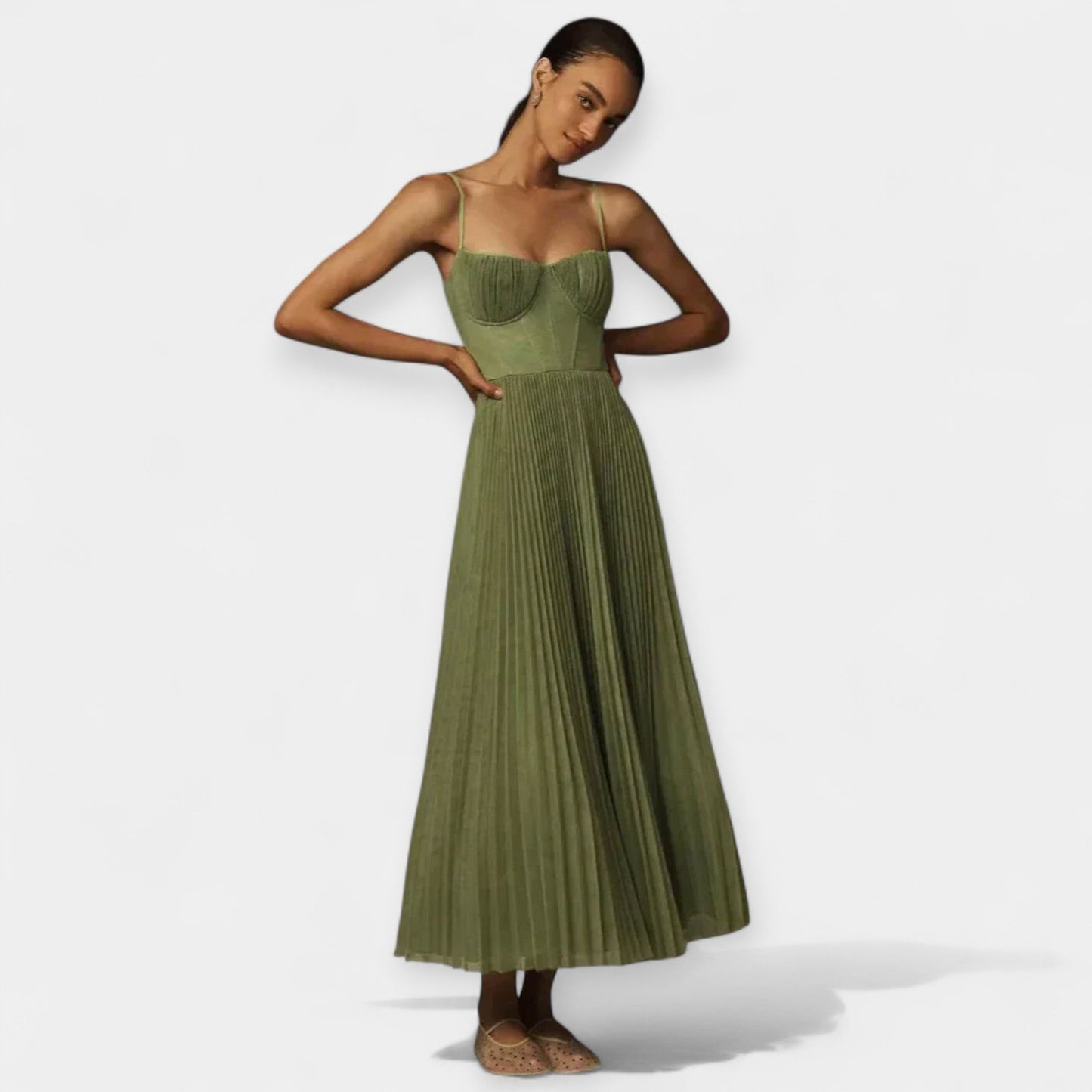 Midi Dress with Pleats and Tulle