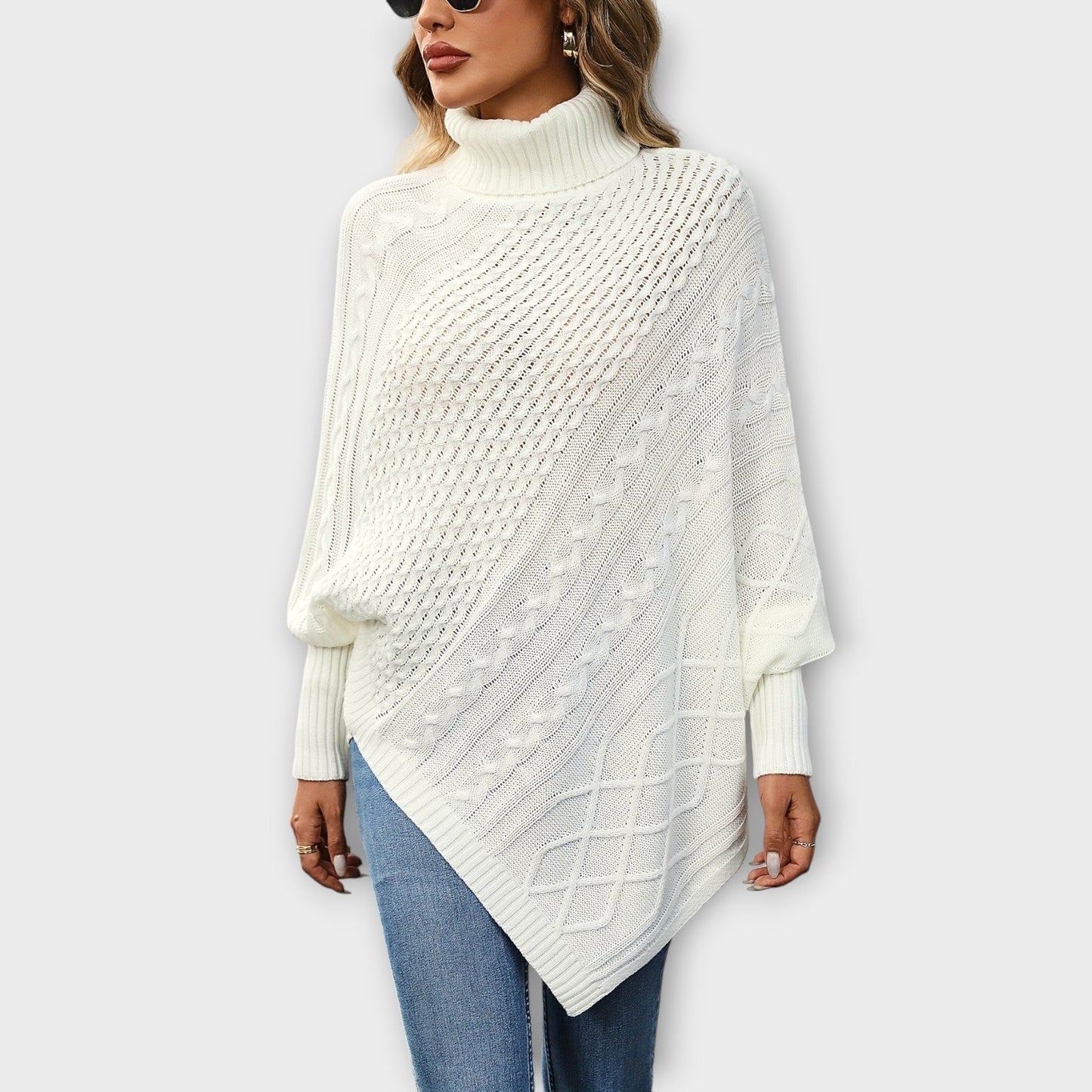 Elegant Cable-Knit Turtleneck Poncho