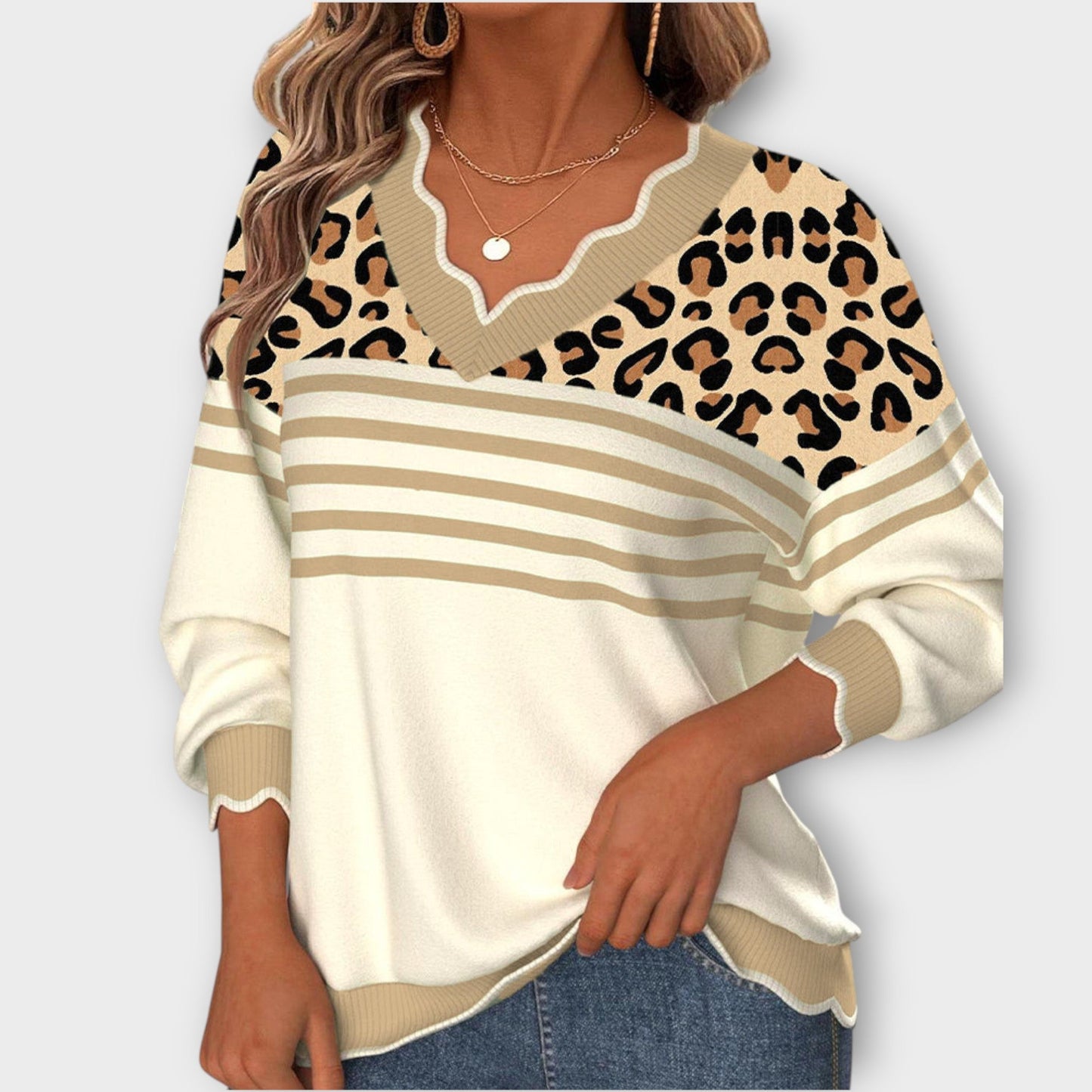 Leopard Knit V-Neck Sweater