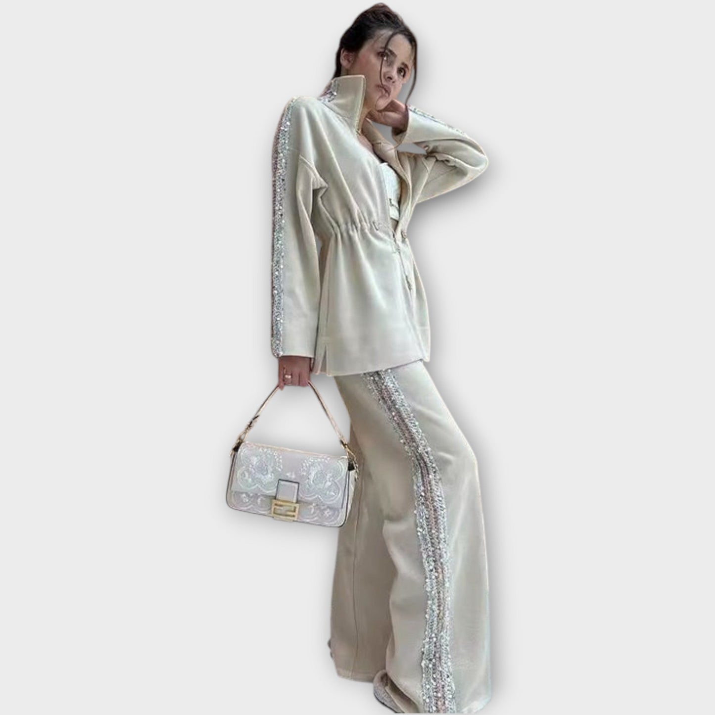 Elegant Sequin-Trim Tailored Set