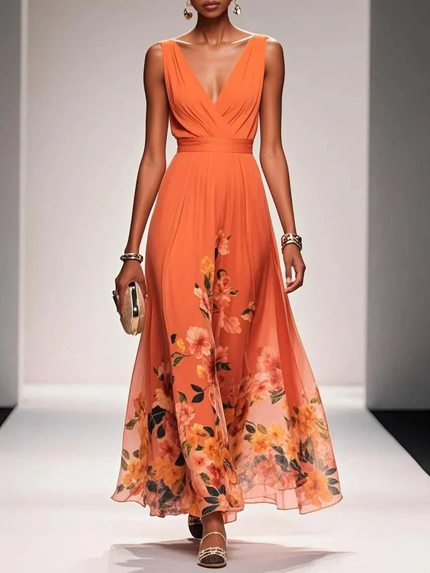 Elegant Light Blue Floral Chiffon V-Neck Sleeveless A-Line Maxi Dress