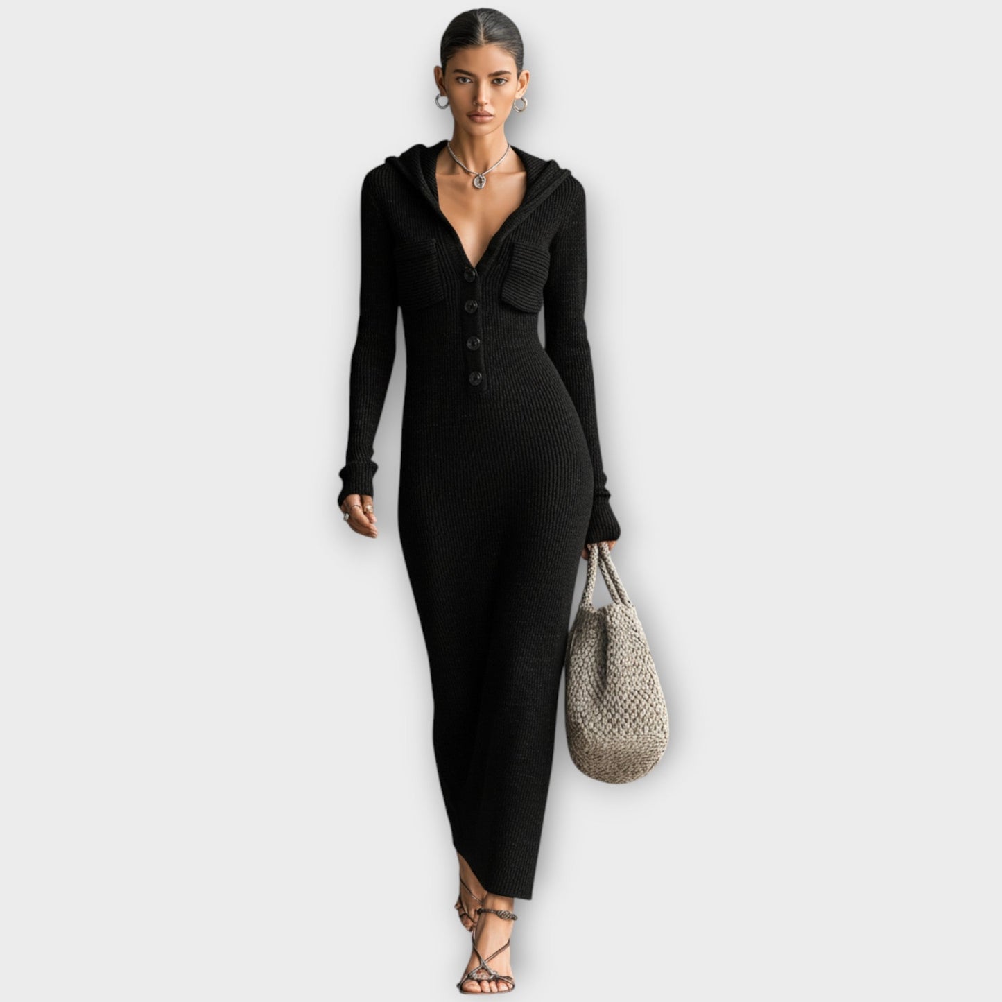 Buttoned Hooded Ribbed Maxi Dress