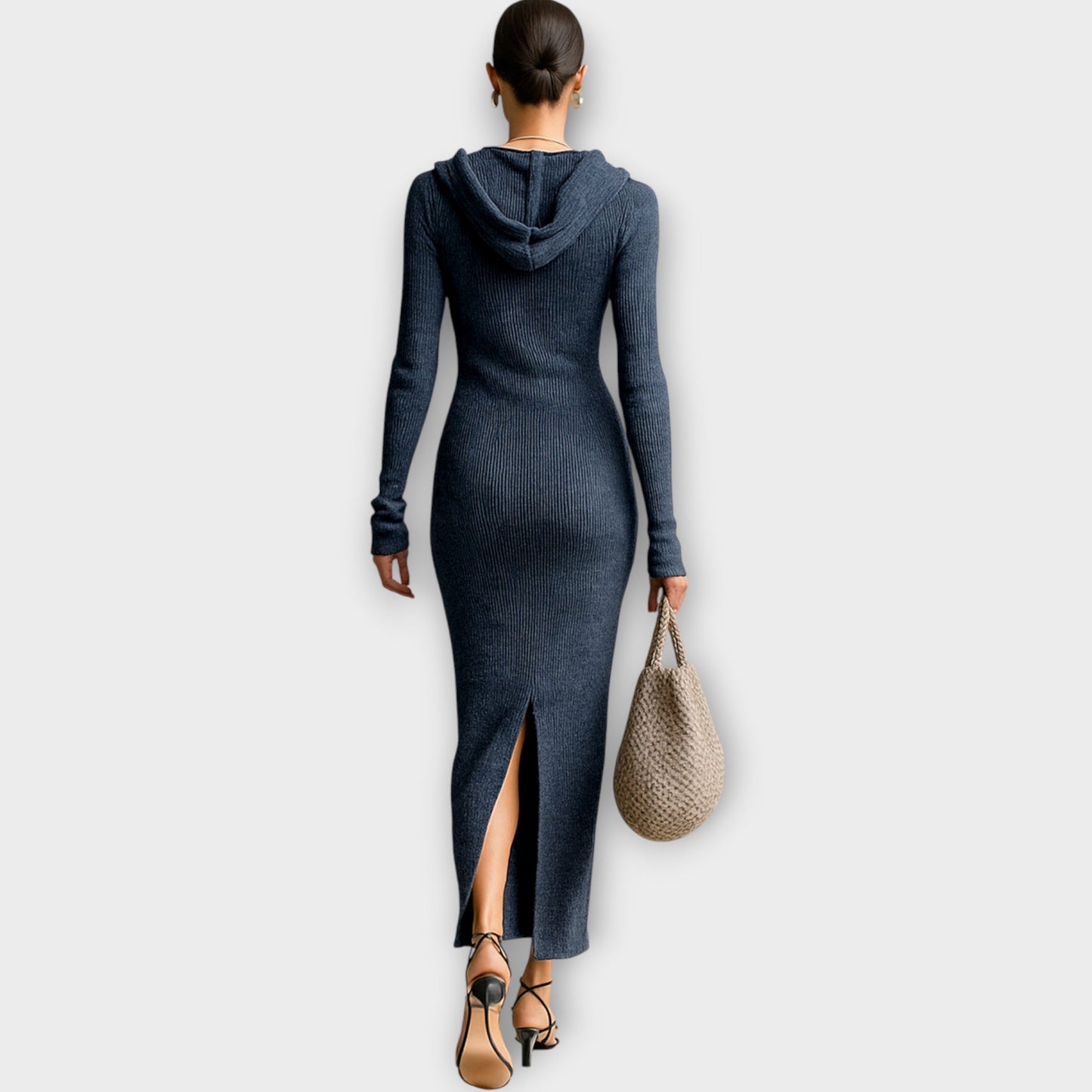 Buttoned Hooded Ribbed Maxi Dress
