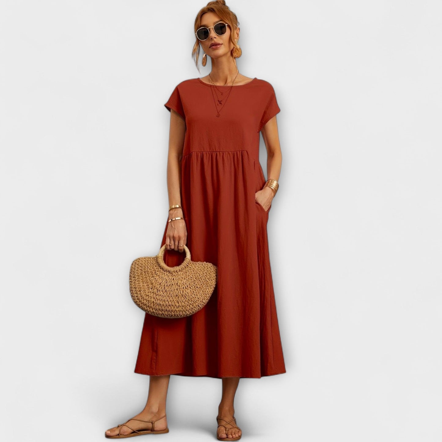 Midi Dress with Simple Line and Side Pockets