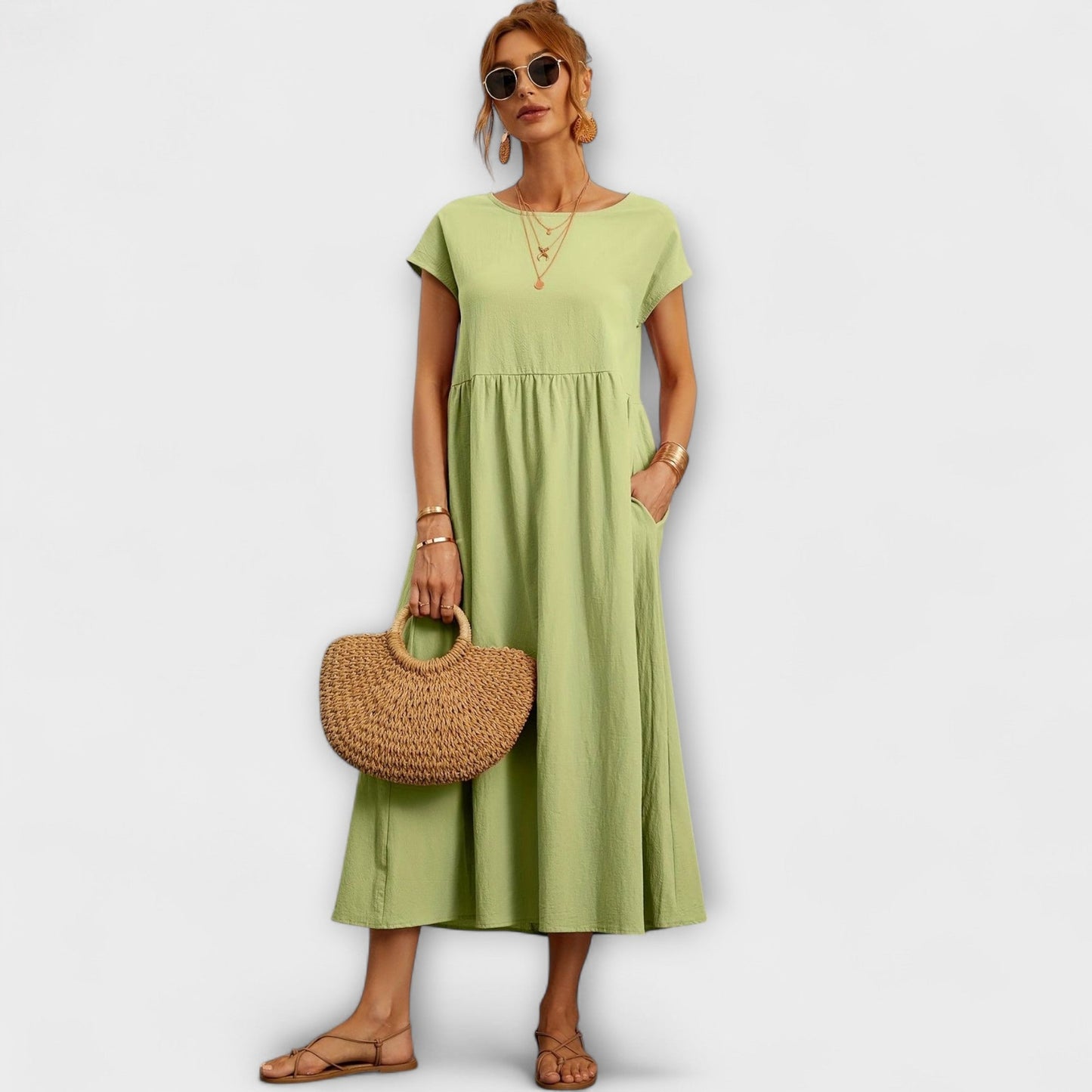 Midi Dress with Simple Line and Side Pockets