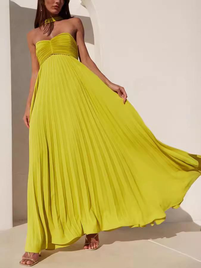 Simple Elegant Look Tube Dress with Pleats and Ribbon