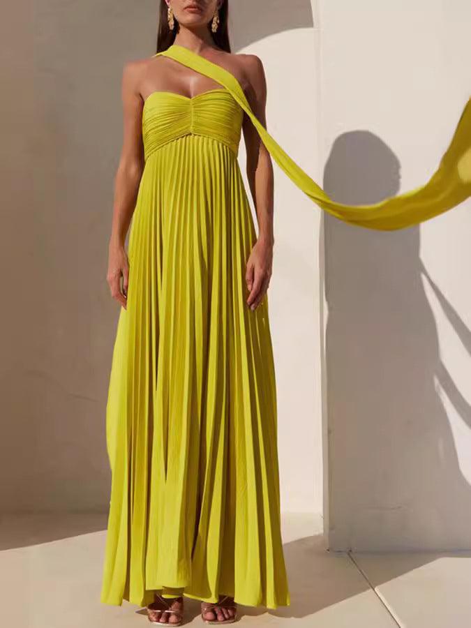 Simple Elegant Look Tube Dress with Pleats and Ribbon