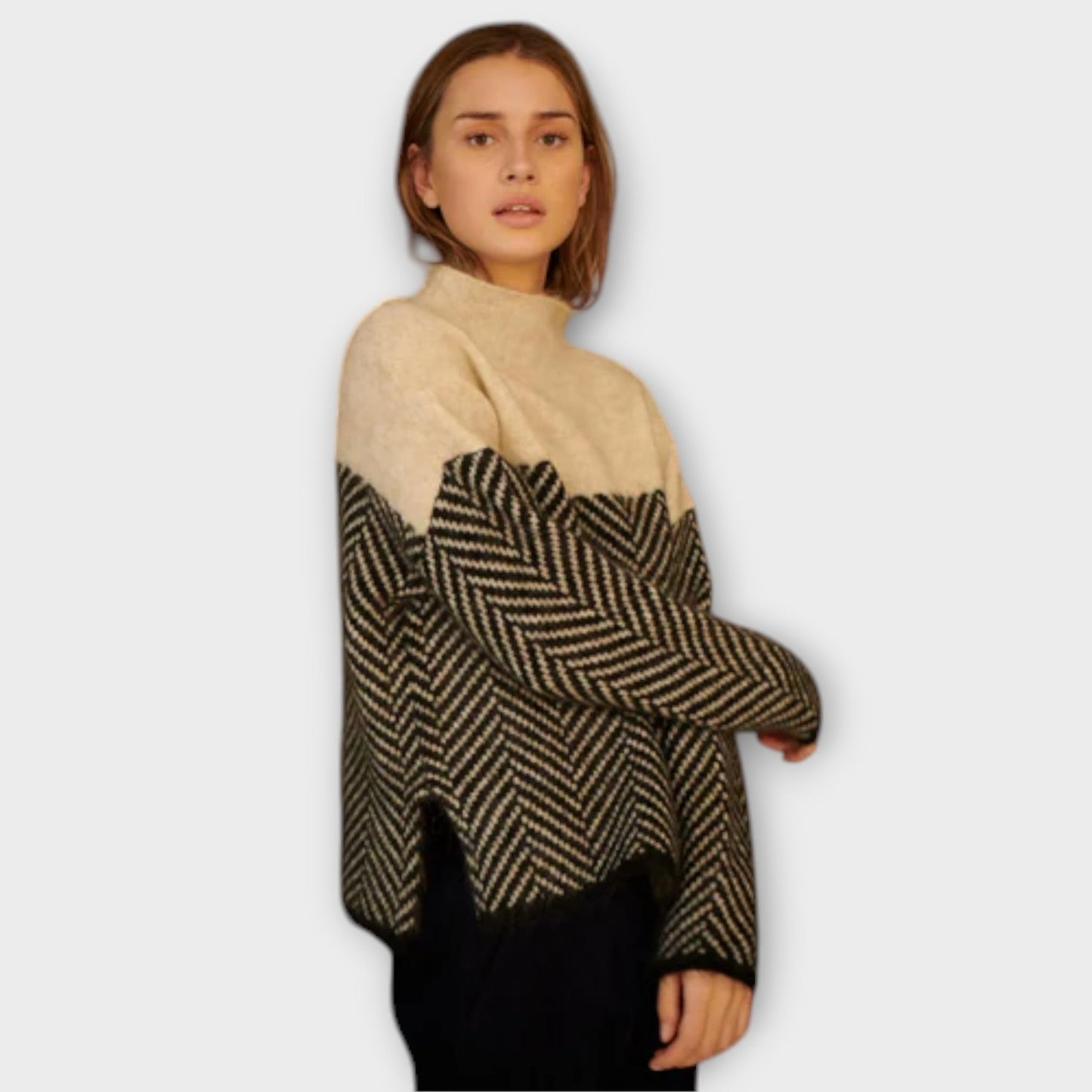 Cozy Two-Tone Herringbone Knit Sweater