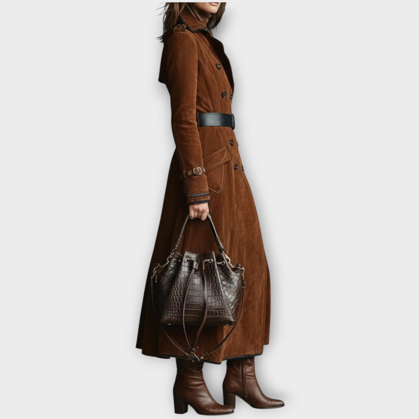 Vintage Suede Double-Breasted Long Coat