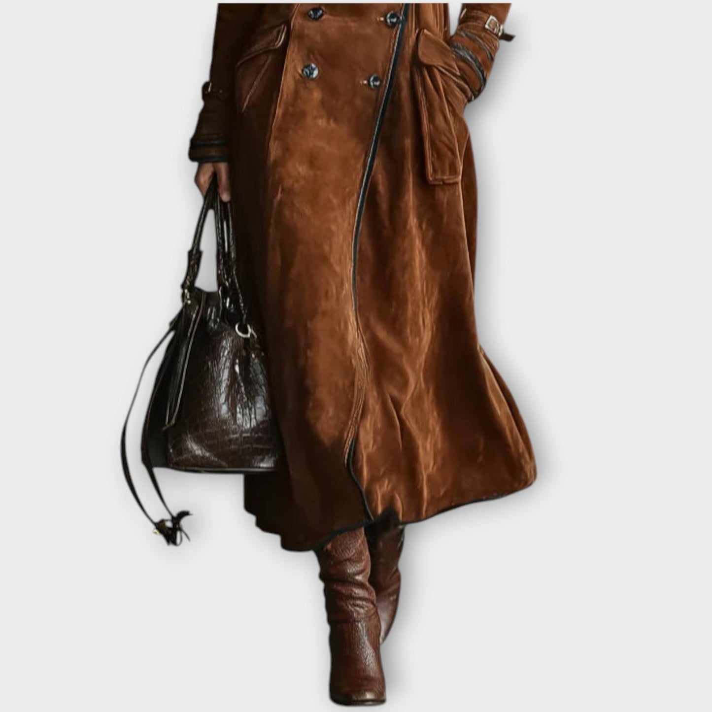 Vintage Suede Double-Breasted Long Coat