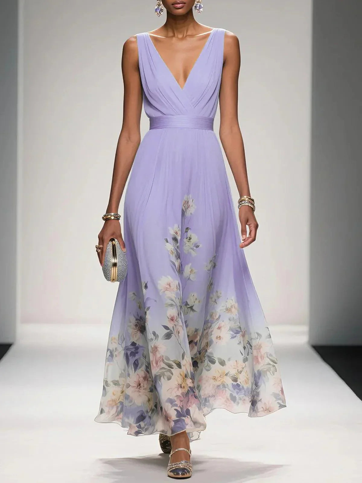 Elegant Light Blue Floral Chiffon V-Neck Sleeveless A-Line Maxi Dress