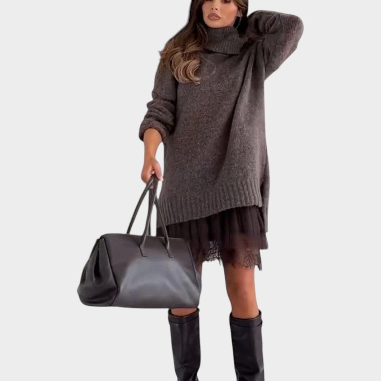 Oversized Knit Sweater Dress with Lace Hem