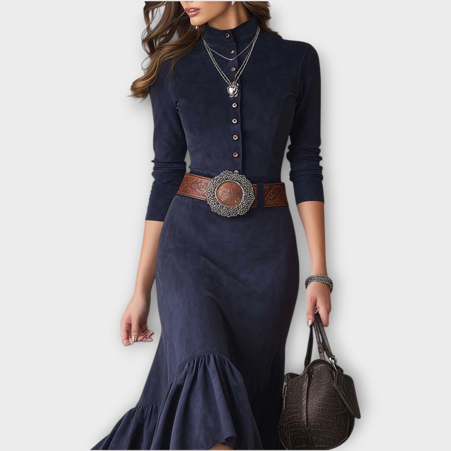 Western Ruffle-Hem Button Midi Dress