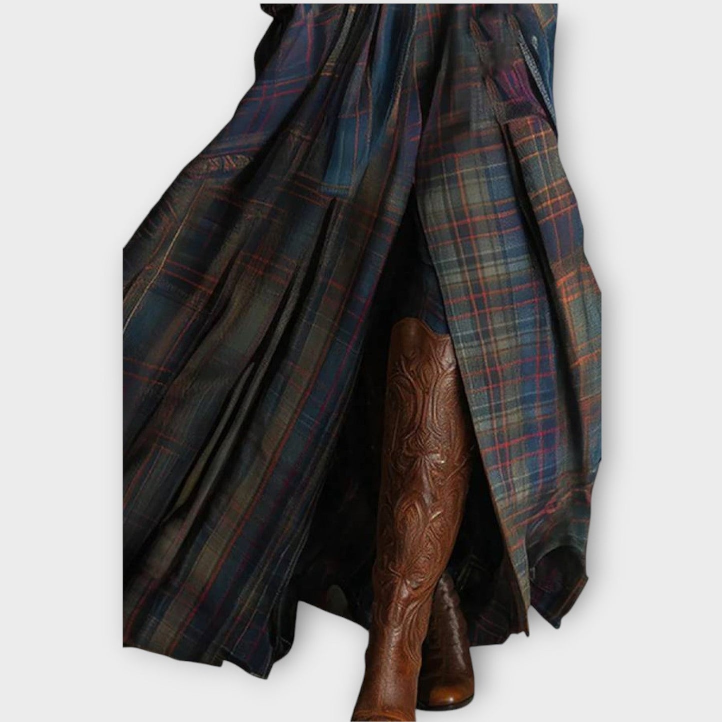Vintage Plaid Maxi Dress with Fitted Jacket Bodice