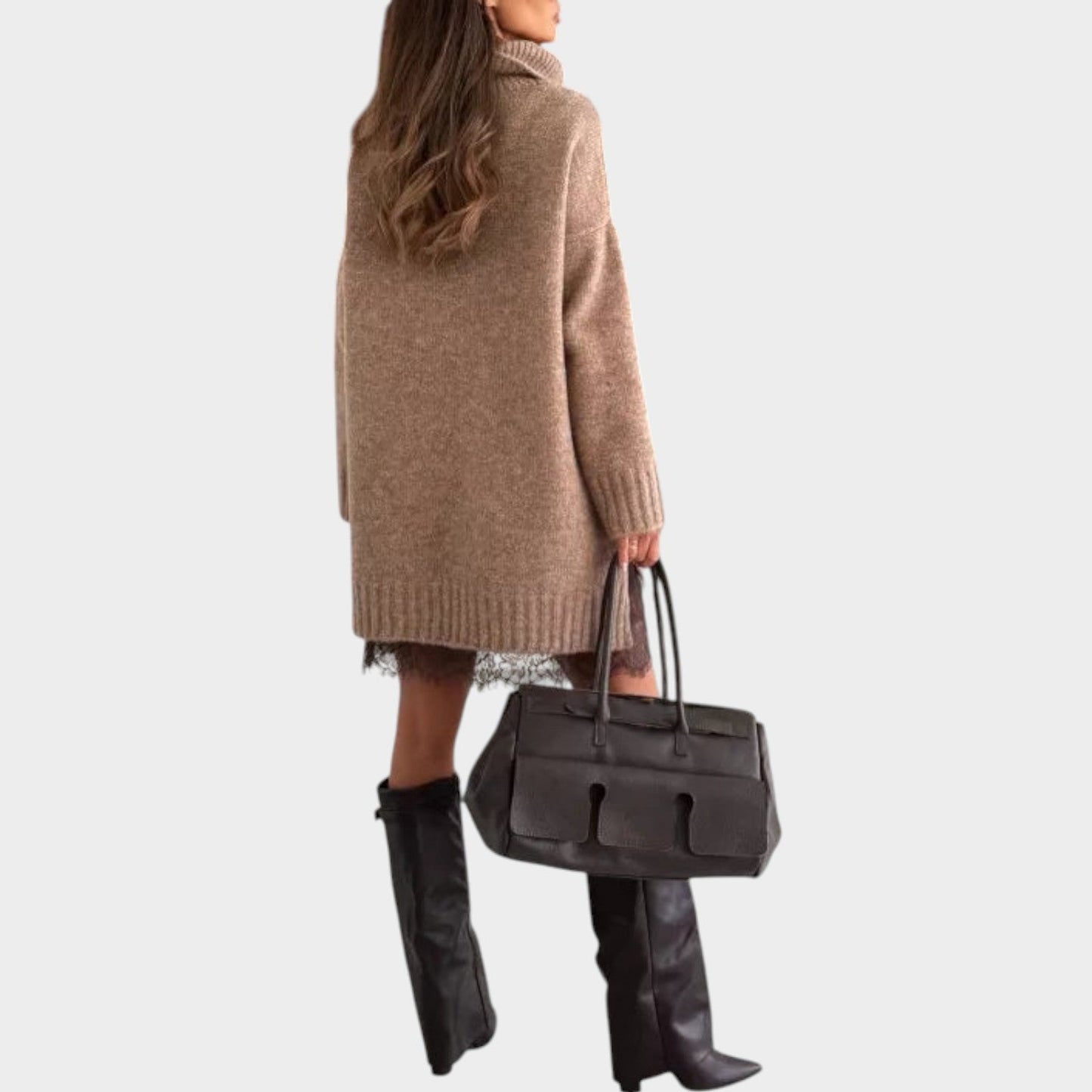 Oversized Knit Sweater Dress with Lace Hem